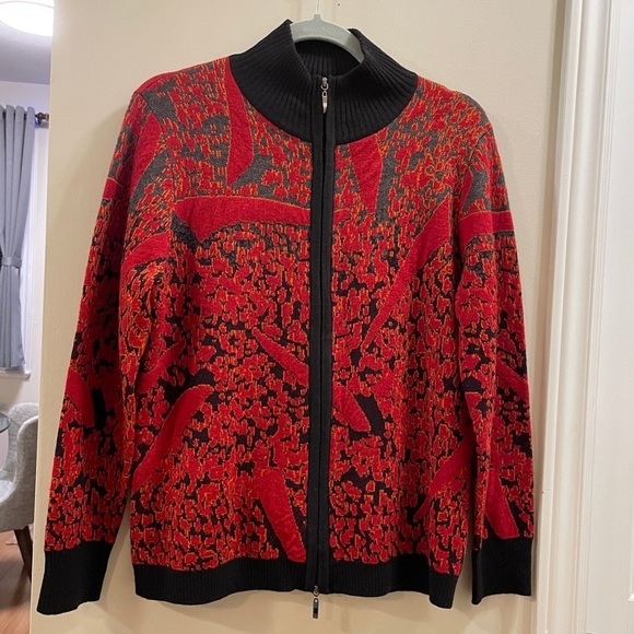 Vintage Red Black Wool Bomber Sweater Jacket Made in Italy - M - Picture 5 of 12